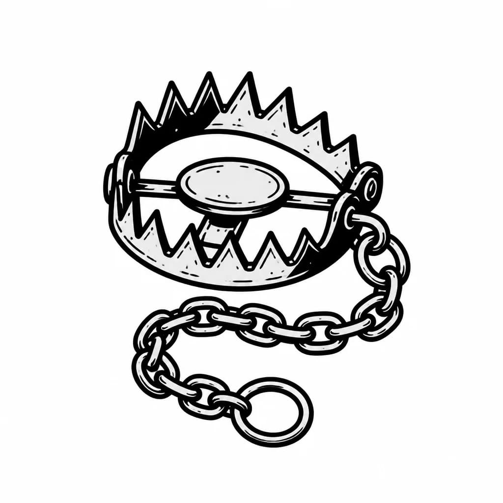 Тату эскиз: нужно изображение четкими контурами и минимум теней, изобрази капкан с цепью