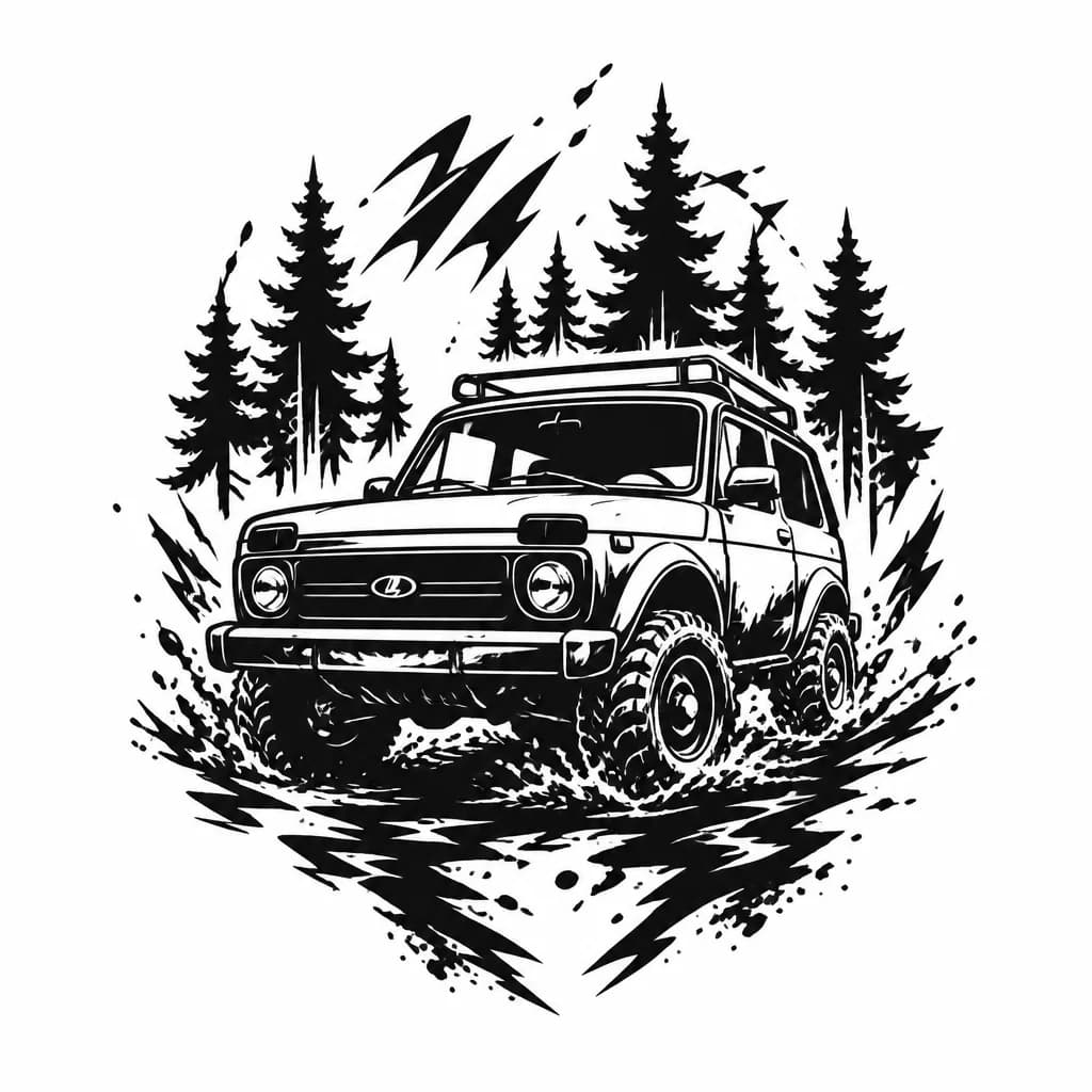 Тату эскиз: Эскиз Нива off-road в стили контура , грязь лес , 