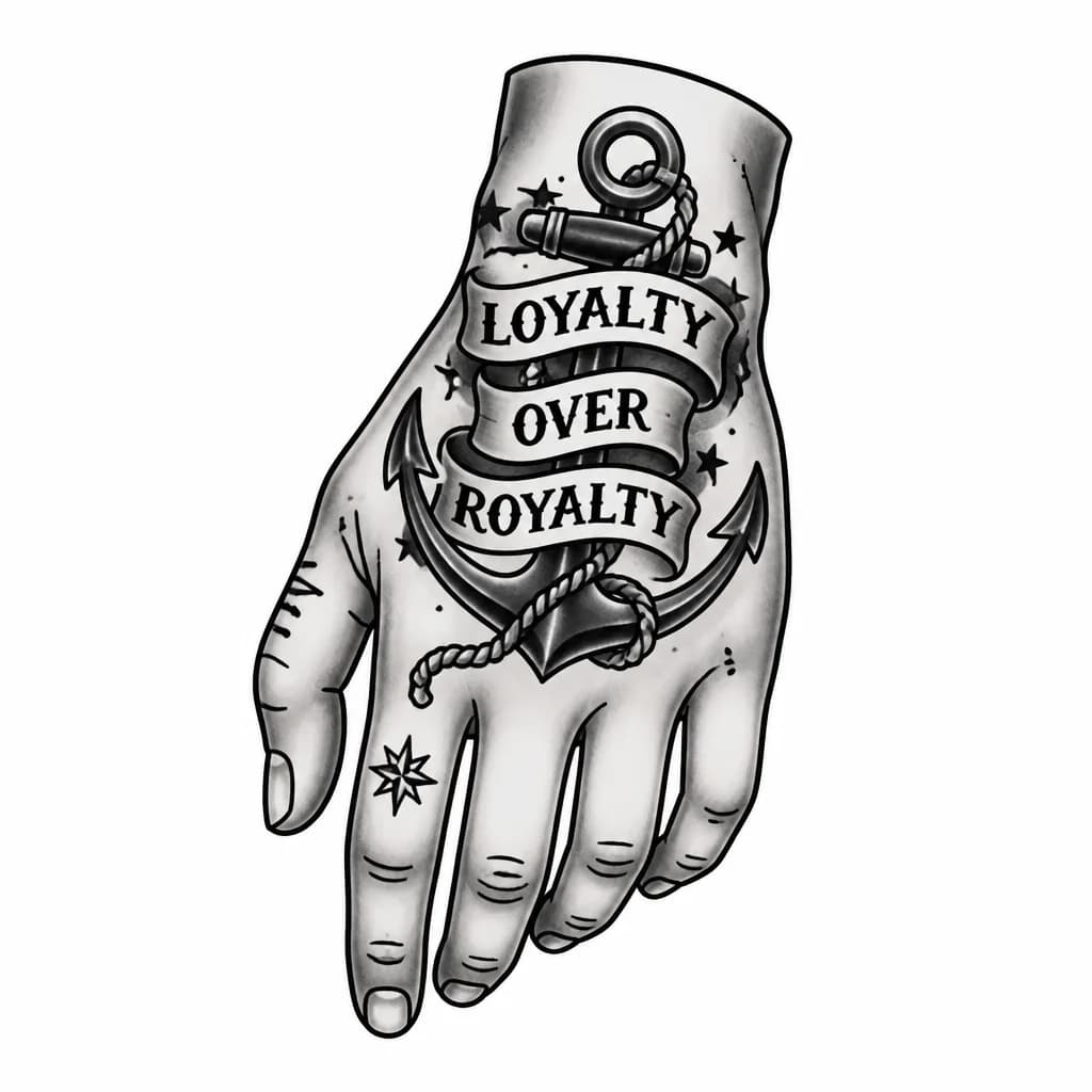 Тату эскиз: татуировка с надписью loyalty over royalty на кисти