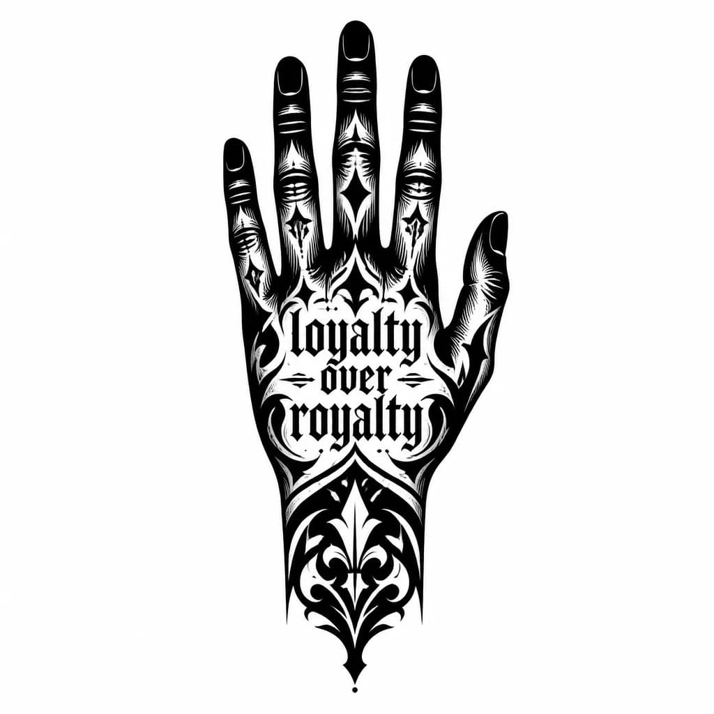 Тату эскиз: татуировка с надписью loyalty over royalty на кисти