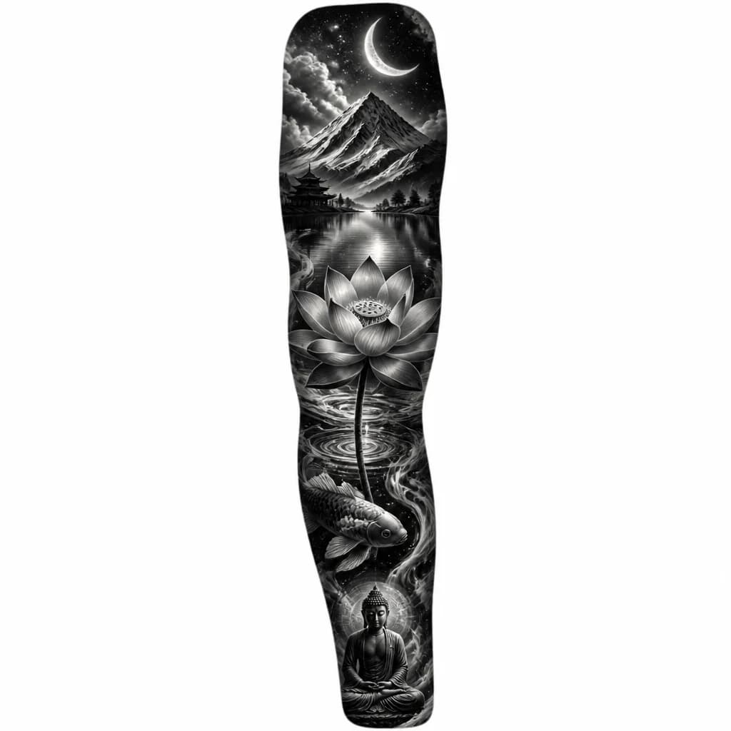 Тату эскиз: A blooming lotus flower on a river surface at night, with a crescent moon above and mountain silhouettes reflected in the water below. Black and white monochrome ink style. Detailed petals on the lotus, gentle ripples in the water, stars scattered in the night sky. Peaceful and spiritual composition. Professional tattoo flash sheet illustration, white background, high contrast, clean lines