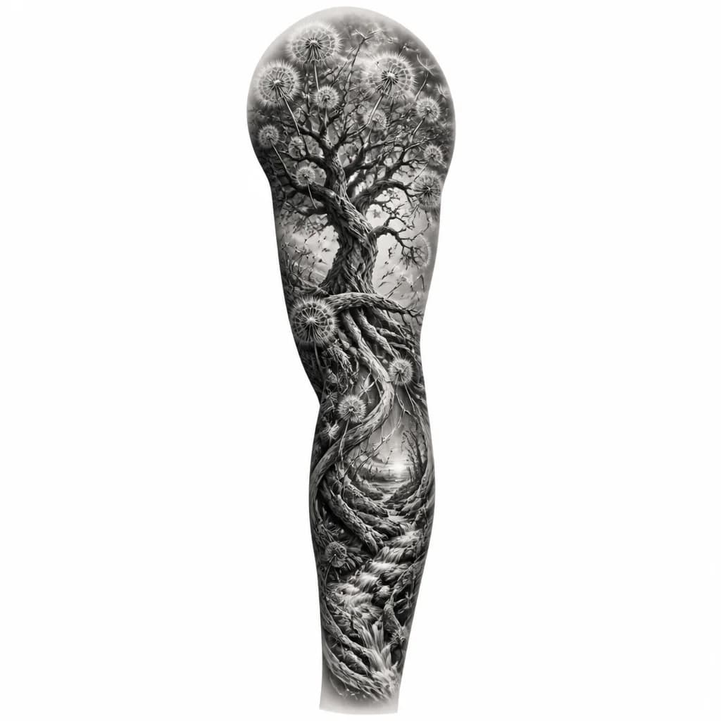 Тату эскиз: A majestic tree of life with intricate branches and roots, where dandelion flowers bloom among the branches, with dandelion seeds floating away on the wind, monochrome black and white ink drawing, detailed linework, symbolic and meaningful design, tattoo flash sheet illustration, white background, high contrast, clean lines