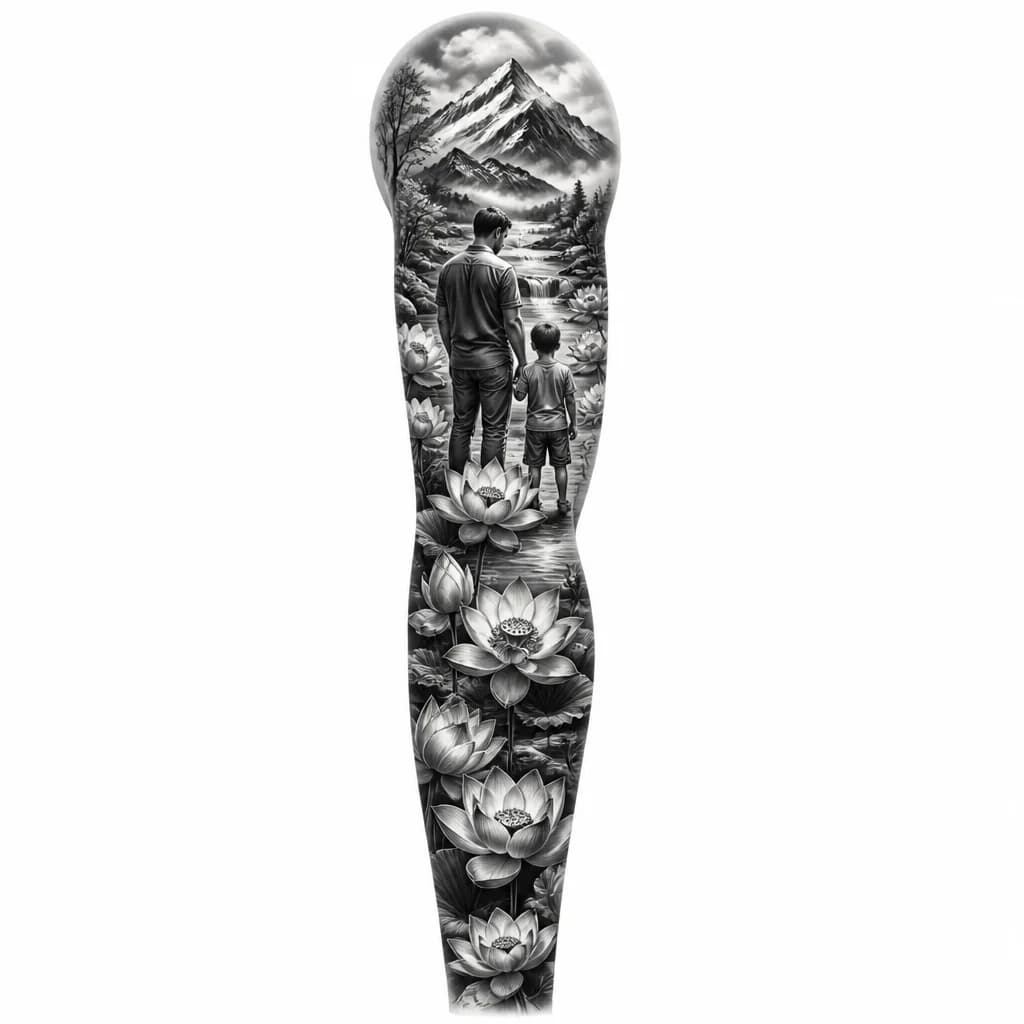 Тату эскиз: Father and son standing together on riverbank surrounded by blooming lotus flowers, black and white monochrome ink style, detailed nature scene with water flowing gently, intimate family moment, serene peaceful composition, tattoo flash sheet illustration, white background, high contrast, clean lines