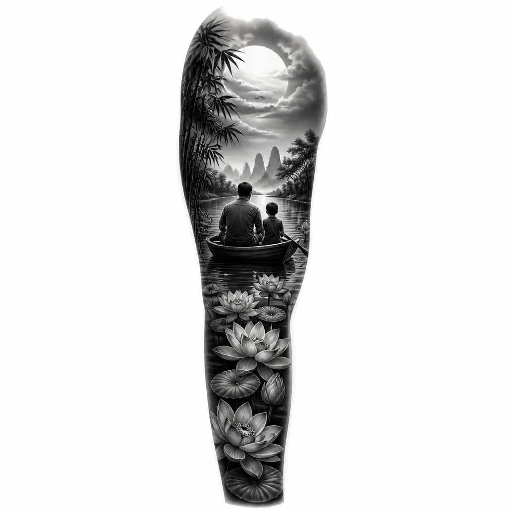 Тату эскиз: Father and son silhouettes in small boat floating on river surrounded by lotus flowers, black and white monochrome ink tattoo style, peaceful water landscape, minimalist figures with detailed natural elements, serene journey symbolism, tattoo flash sheet illustration, white background, high contrast, clean lines