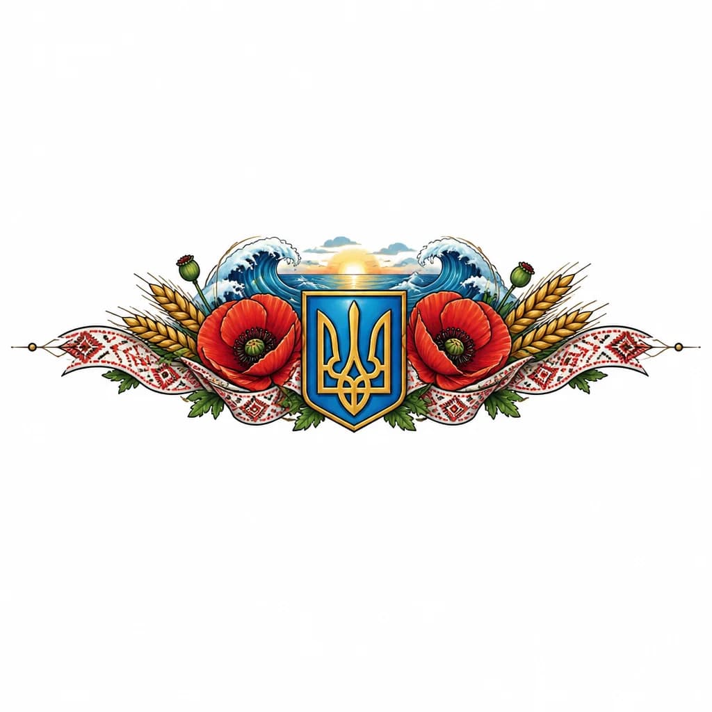 Тату эскиз: Герб Украины,вышиванка , маки,пшиница,море