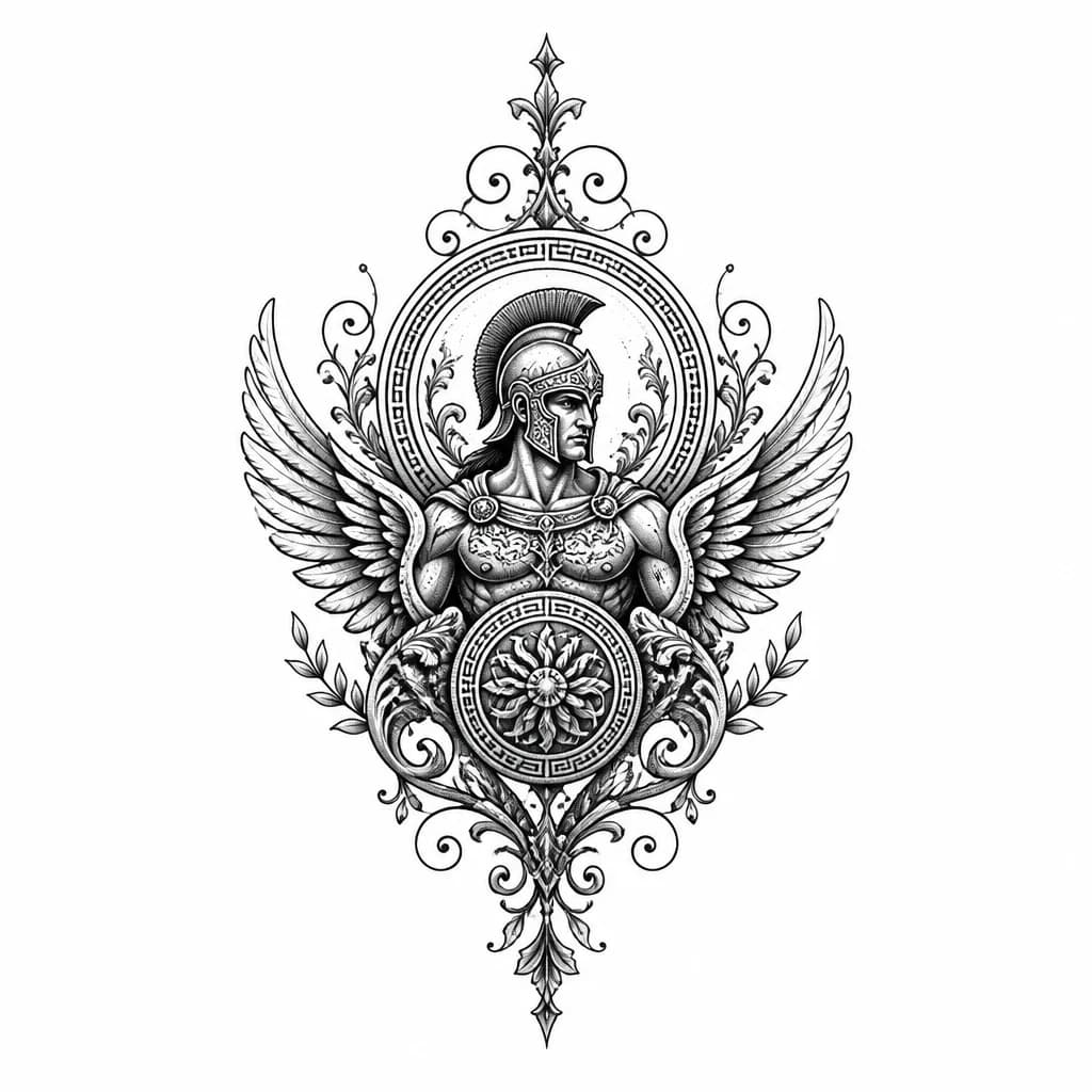 Тату эскиз: Греческая тату олицетворяющая силы и духа