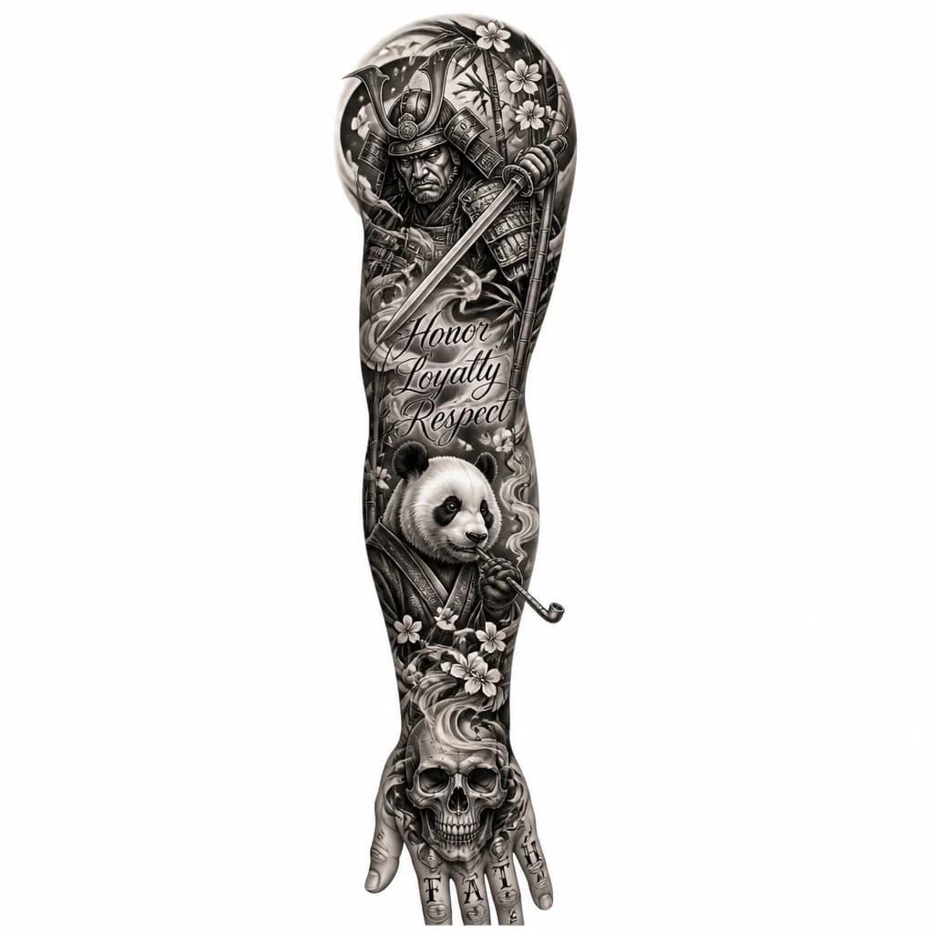 Тату эскиз:  стиль)Full tattoo sleeve design for left arm, dynamic composition, Irezumi and dark graphic style. On the shoulder: a fierce Japanese samurai in detailed armor with a katana. On the inner forearm: a stylized cool panda smoking a traditional long tobacco pipe, with smoke swirling up. On the back of the hand: an anatomical grim skull integrated with the wrist. Background fills the gaps with black smoke wind bars, green bamboo stalks, and floating pink sakura blossoms. Black and grey ink with subt