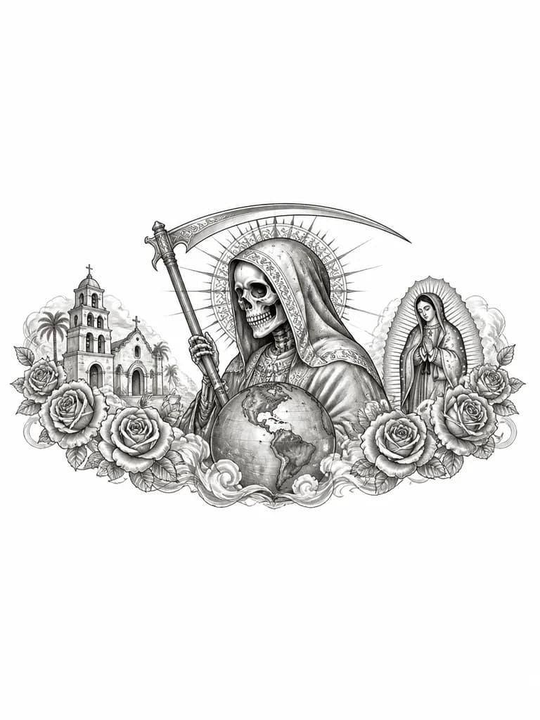 Тату эскиз: Череп, санта муэртэ, стоит полубоком, в руках коса, под ней земной шар
