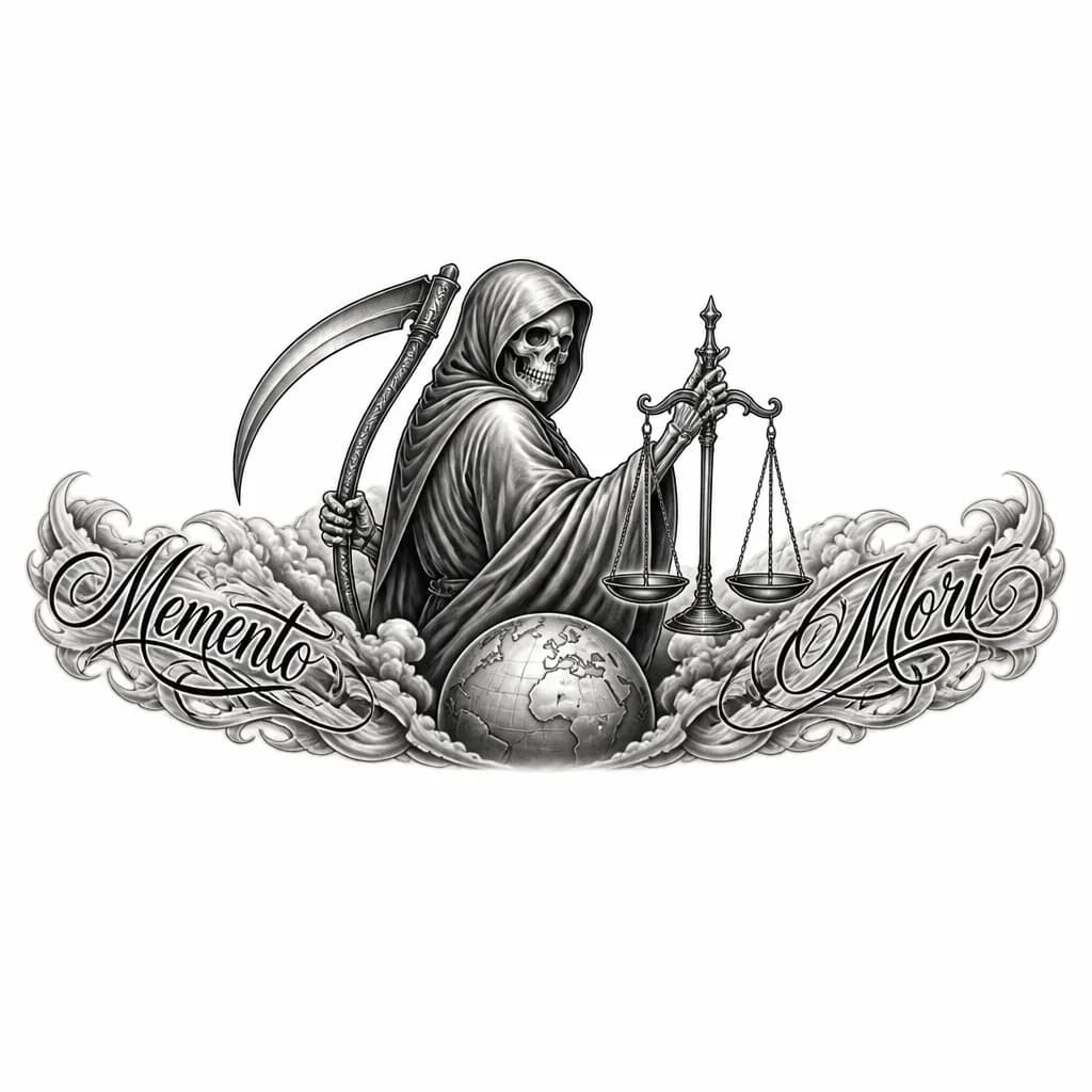 Тату эскиз: смерть, стоит полубоком, за спиной коса, под ней земной шар, в руках весы, вертикальный рисунок