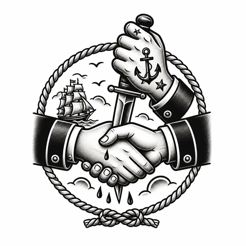 Тату эскиз: Рукопожатие и вторая рука пробивает ножом 
