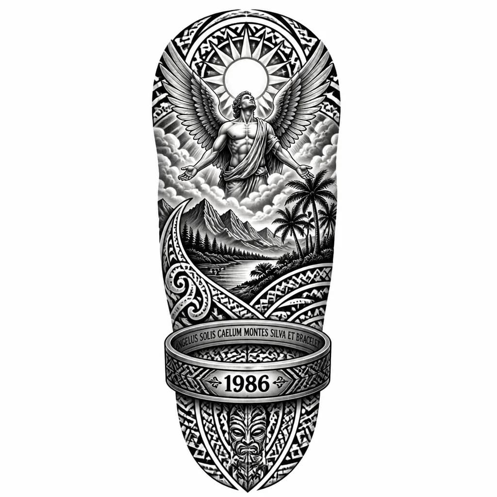 Тату эскиз: Ангел солнце небо горы лес и браслет 1986 на латыне