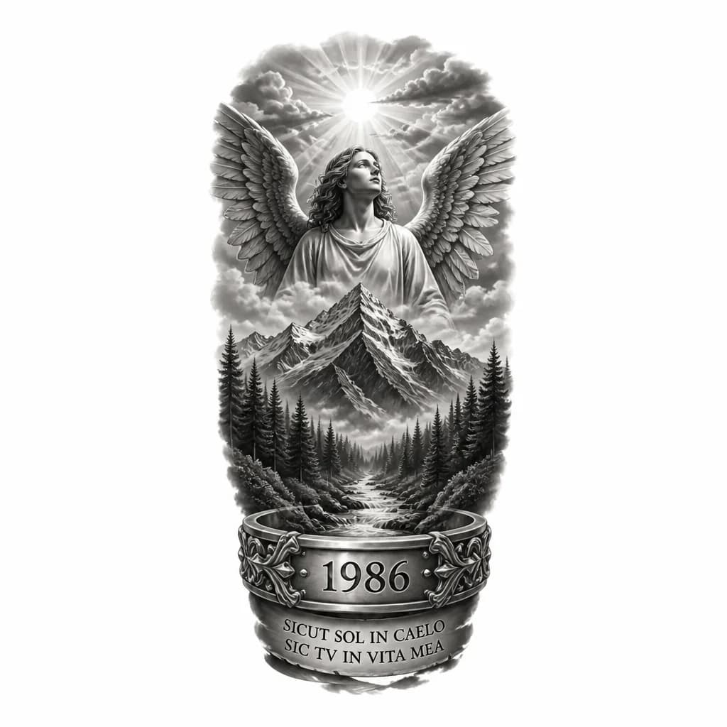 Тату эскиз: Ангел солнце небо горы лес и браслет 1986 на латыне