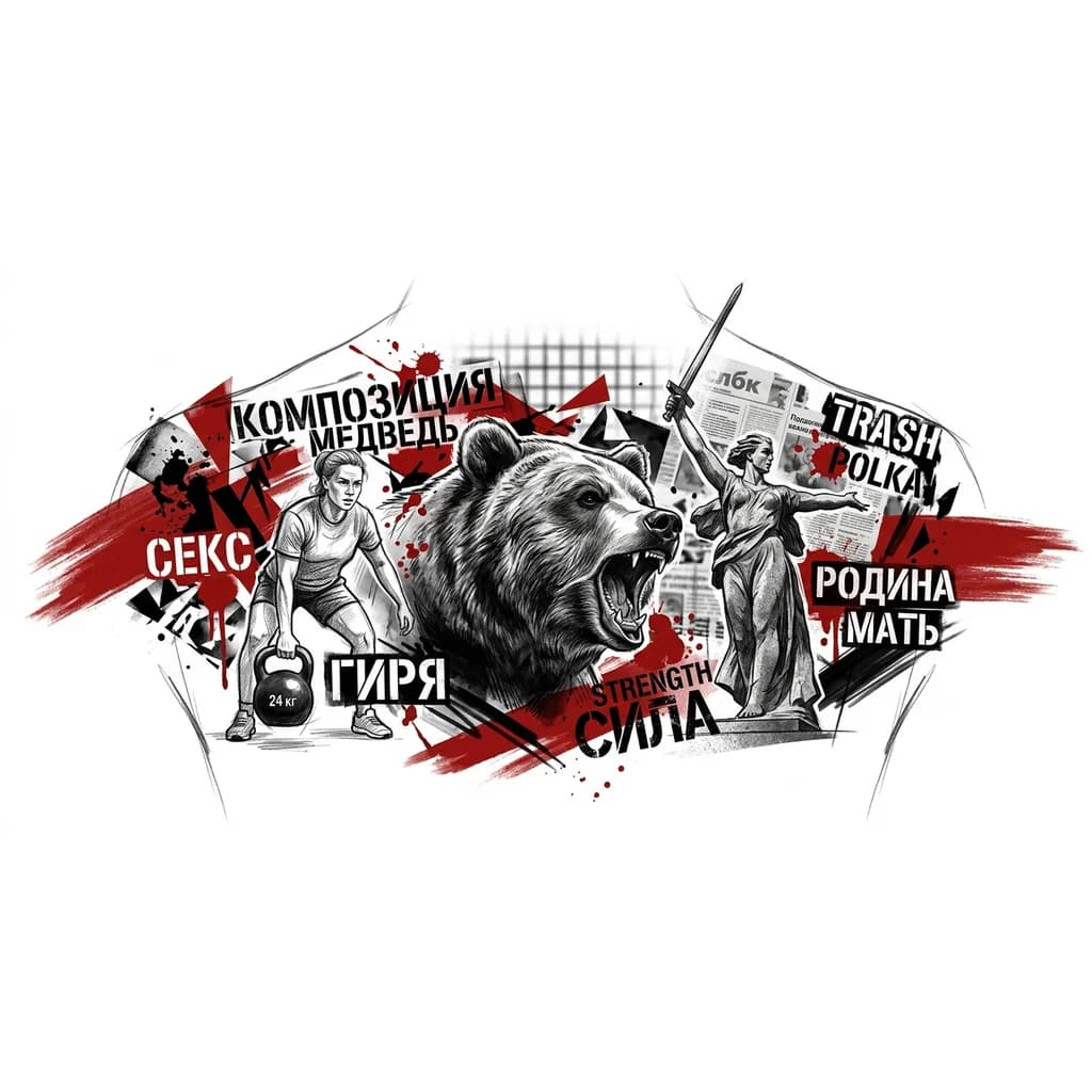 Тату эскиз: Композиция, медведь, секс, гиря, родина мать