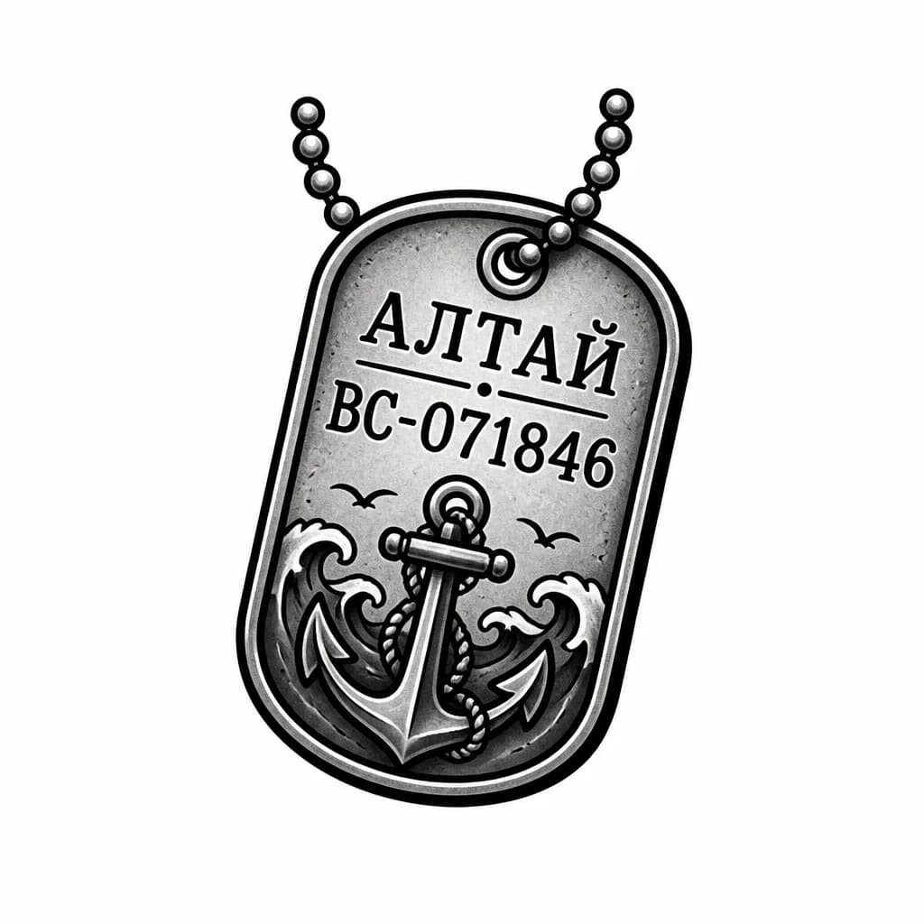 Тату эскиз: Военный жетон с позывным Алтай и цифрами ВС-071846 . Чтоб был только жетон 

