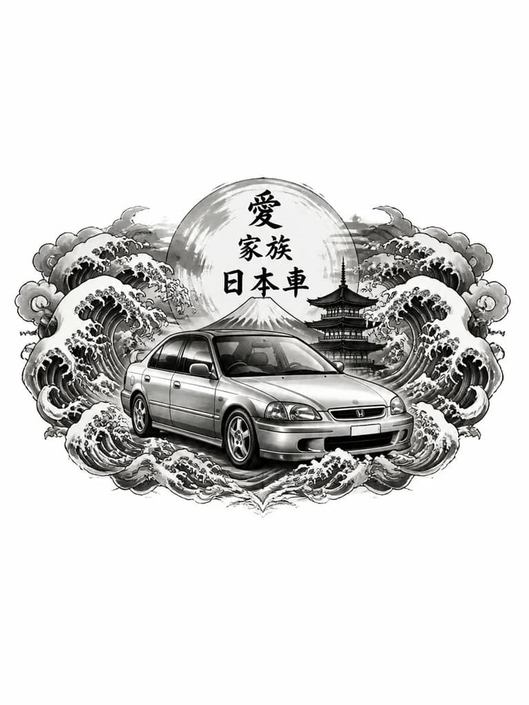 Тату эскиз: реалистичная машина Honda Civic 6 поколения седан по фото, стоит полубоком, чёрно-белый
