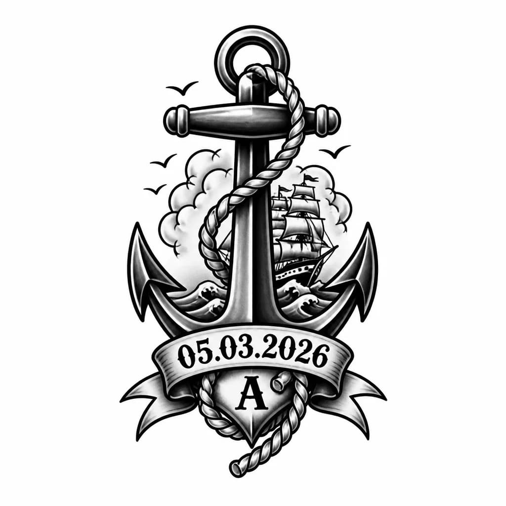 Тату эскиз: Римскими буквами дата 05.03.2026 и буква А на части цифр