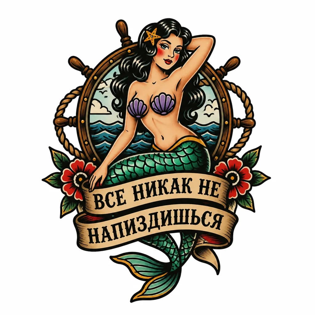 Тату эскиз: Русалка с голой грудью и надписью все никак не напиздишься