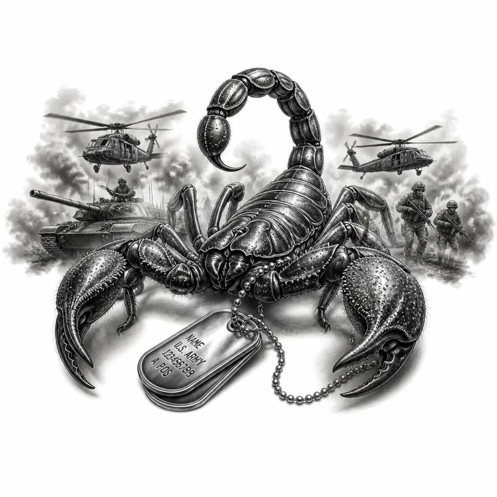 Тату эскиз: татуировка на военную тематику. Скорпион держит в клешней армейский жетон