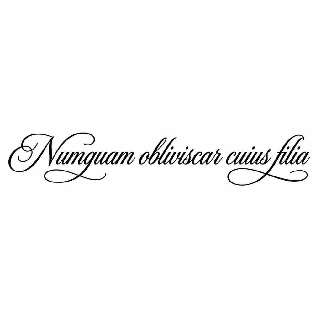 Тату эскиз: Font: Numquam obliviscar cuius filia (elegant cursive script)