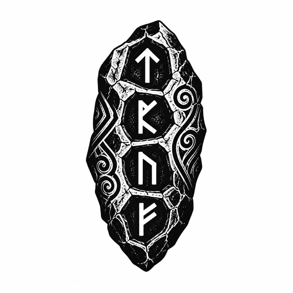 Тату эскиз: . 4 руны (1 руна тейваз, 2 руна перт, 3 руна уруз, 4 руна феху) все они запечатаны в камене