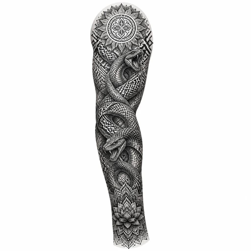 Тату эскиз: Создай концепт полного мужского тату-рукава в стиле Blackwork и Black & Grey Realism с плавным переходом от уже существующей татуировки на груди. Композиция начинается от солнечного орнамента на груди и естественно переходит на плечо через древний славянский геометрический орнамент, напоминающий вышивку. Из узоров постепенно появляются три большие реалистичные змеи, их тела переплетаются вокруг всей руки, образуя динамичную композицию без свободных пустот. Чешуя змей постепенно сливается с орнам