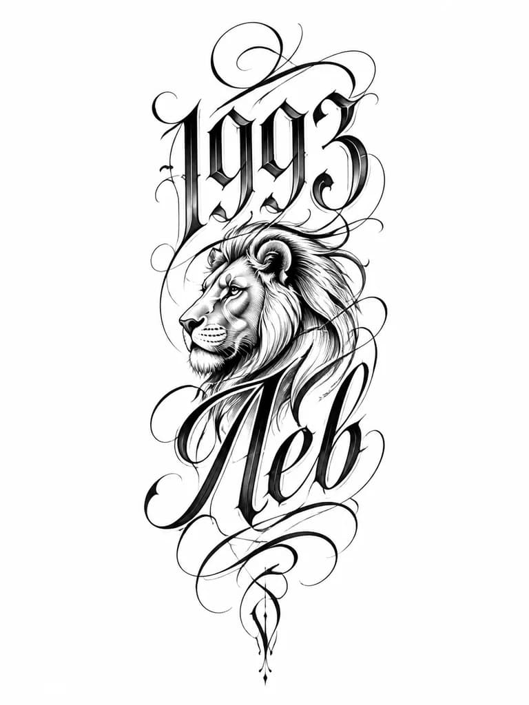 Тату эскиз: Число 1993 и Лев