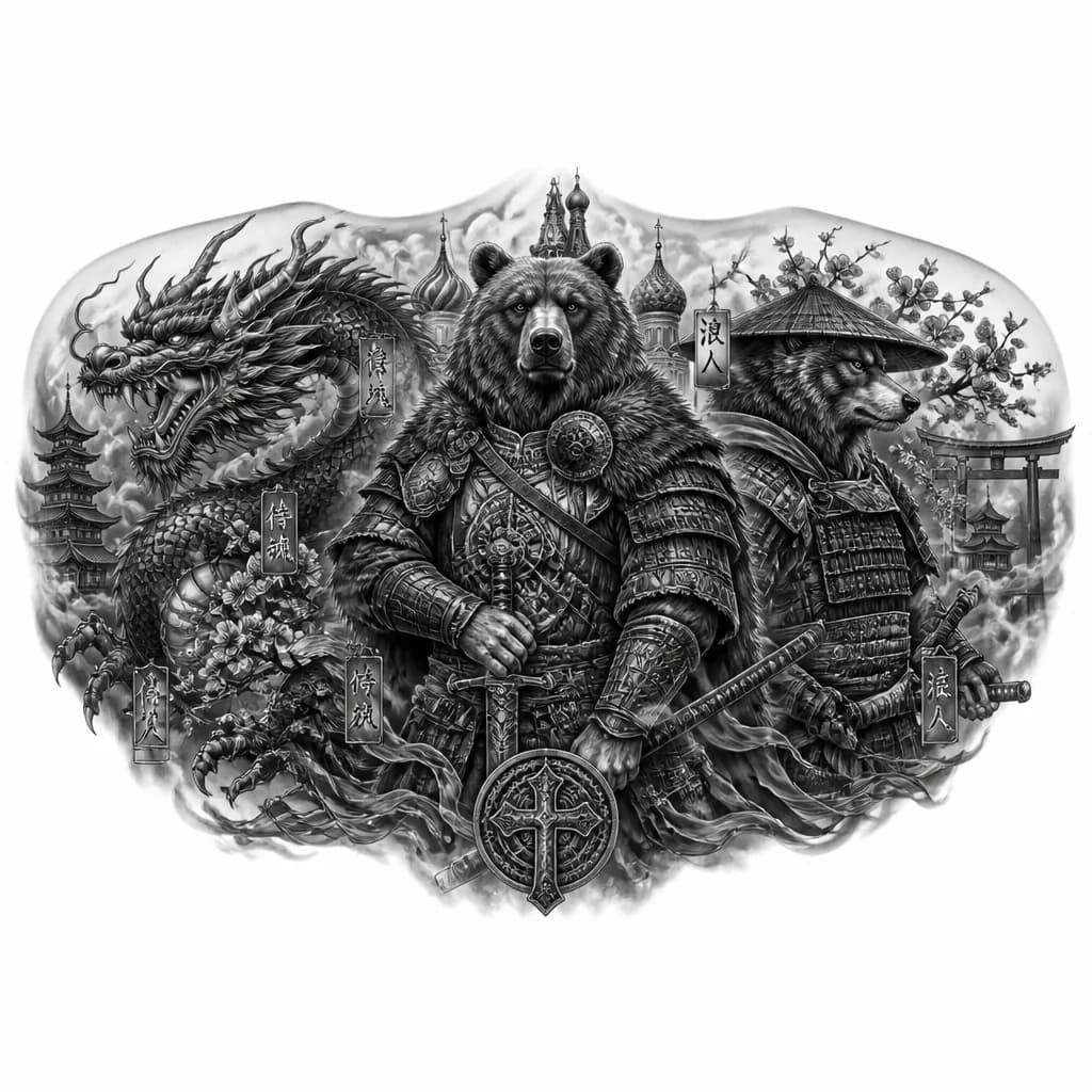 Тату эскиз: животные - воин, самурай , ронин, Русь, Япония, дракон, 