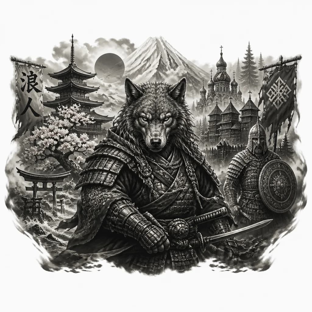 Тату эскиз: животные - воин, самурай , ронин, Русь, Япония,  