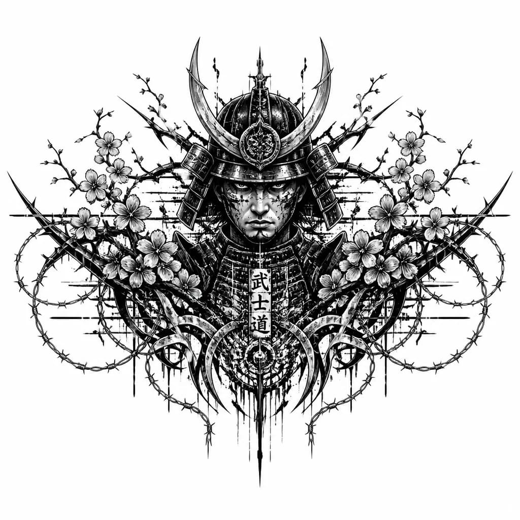 Тату эскиз: A fierce samurai warrior in full traditional armor and helmet, standing among blooming cherry blossom branches, detailed facial features with stern expression, intricate armor details, flowing fabric elements, surrounded by delicate sakura flowers and leaves, black and white monochrome ink style, tattoo flash sheet illustration, white background, high contrast, clean lines