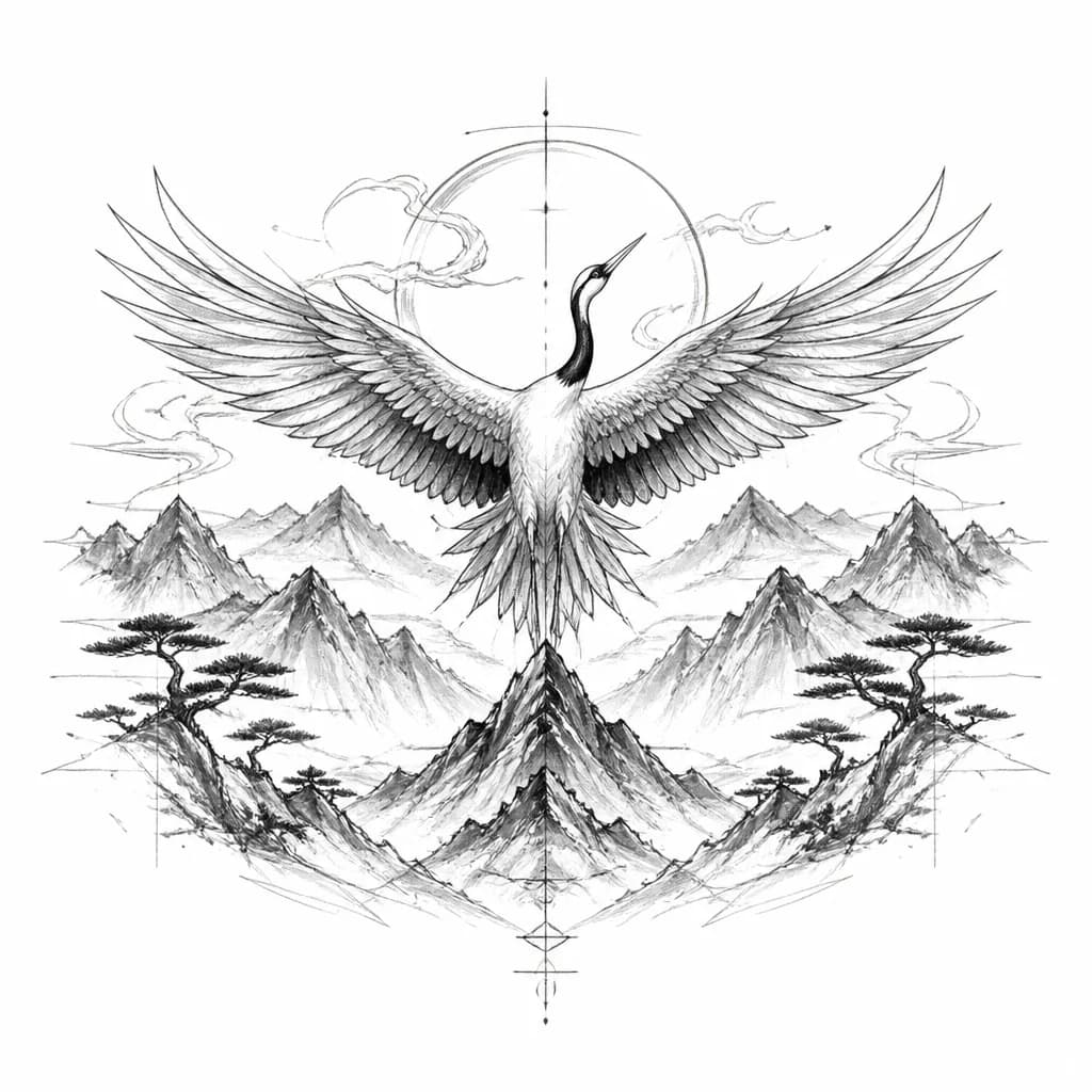Тату эскиз: A graceful Asian crane in flight with detailed feather work, positioned above layered mountain silhouettes in Asian landscape style, minimalist mountains with traditional ink painting elements, black and white monochrome, flowing elegant lines, nature scene composition, tattoo flash sheet illustration, white background, high contrast, clean lines