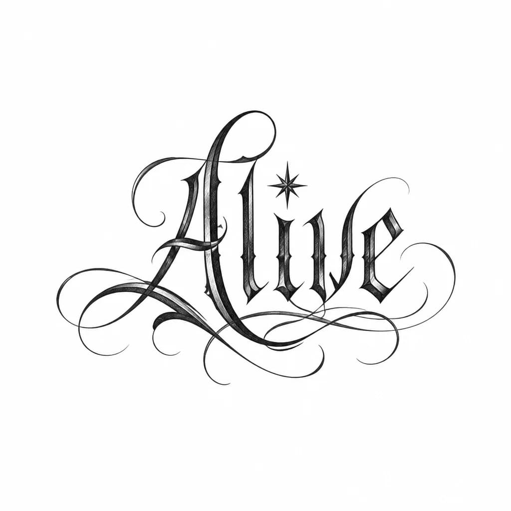 Тату эскиз: Слово alive в стиле каллиграфии и вместо точки в букве i звездочка