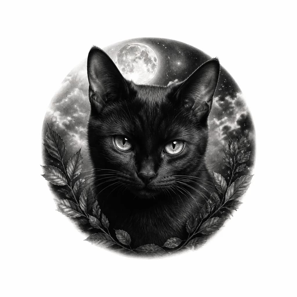 Тату эскиз: Черная кошка. Небольшая, грациозная, красивые умные глаза с хитринкой.
