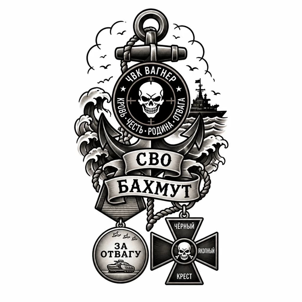 Тату эскиз: ЧВК Вагнер СВО Бахмут медали чвк За отвагу и Чёрный окопный крест.
