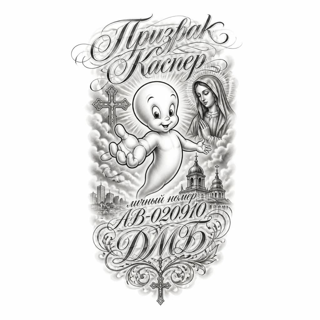Тату эскиз: Призрак Каспер , личный номер АВ-020910 и надпись ДМБ