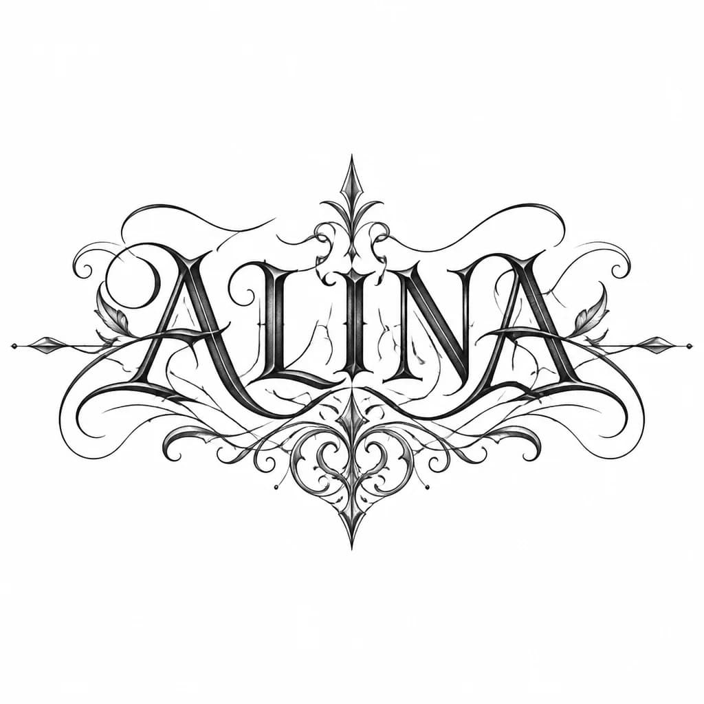 Тату эскиз: Тату имени ALINA в необычном стиле и в дополнение чего то красивого на груди 