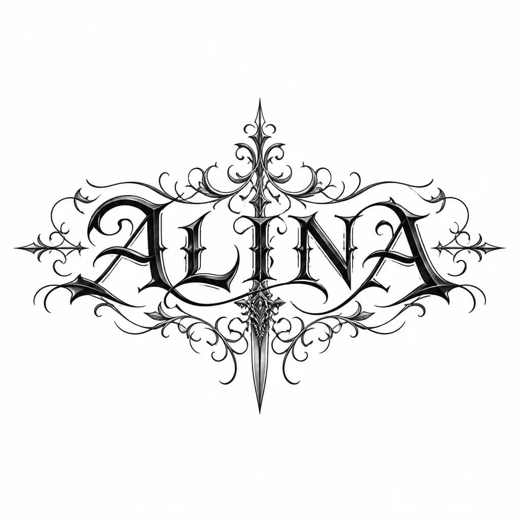 Тату эскиз: Тату имени ALINA в необычном стиле и в дополнение чего то не обычного на груди 