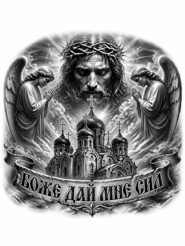 Тату эскиз: Церковь и распятие Христам и надписью боже дай мне сил
