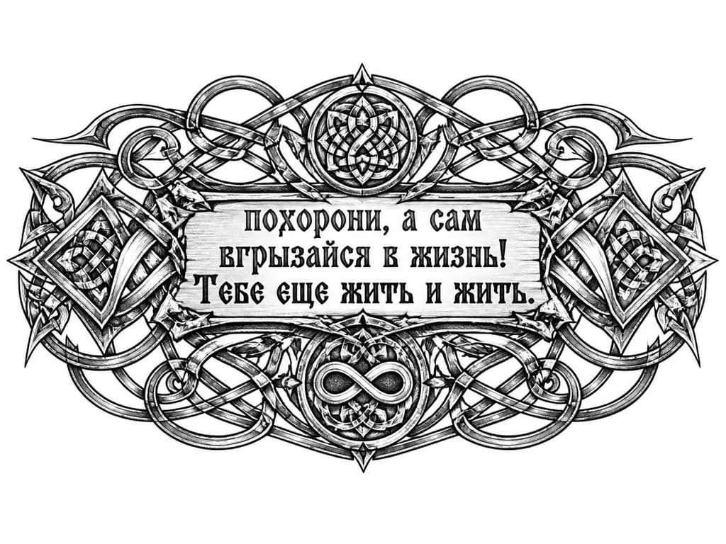 Тату эскиз: надпись Мёртвых похорони, а сам вгрызайся в жизнь! Тебе еще жить и жить.