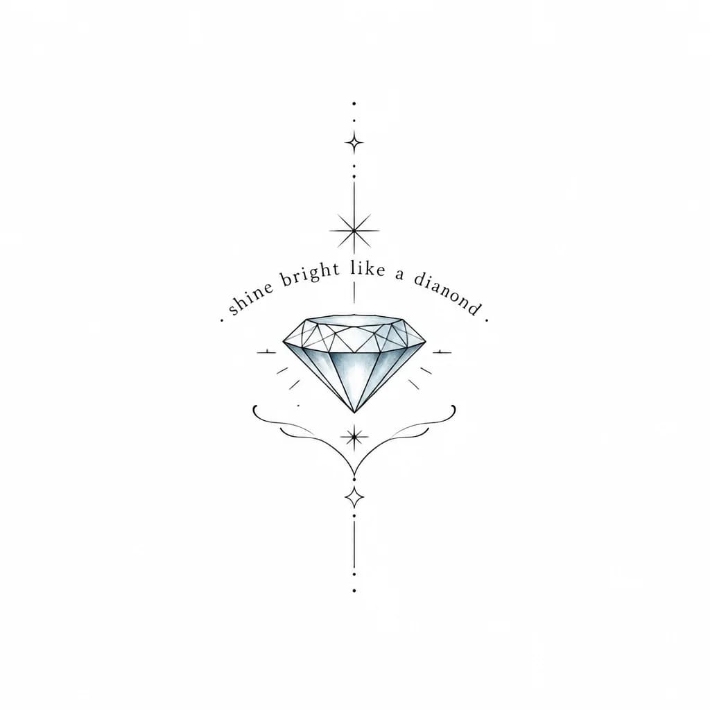 Тату эскиз: Бриллиант голубого цвета и надпись shine bright like a diamond