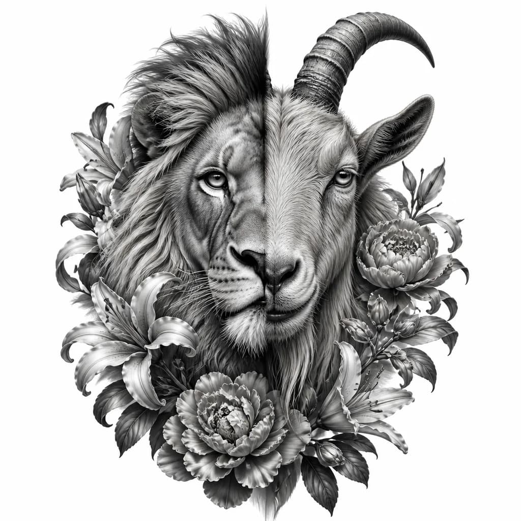Тату эскиз: С левой стороны морда льва с правой морда козы вокруг цветы лилии пионы 