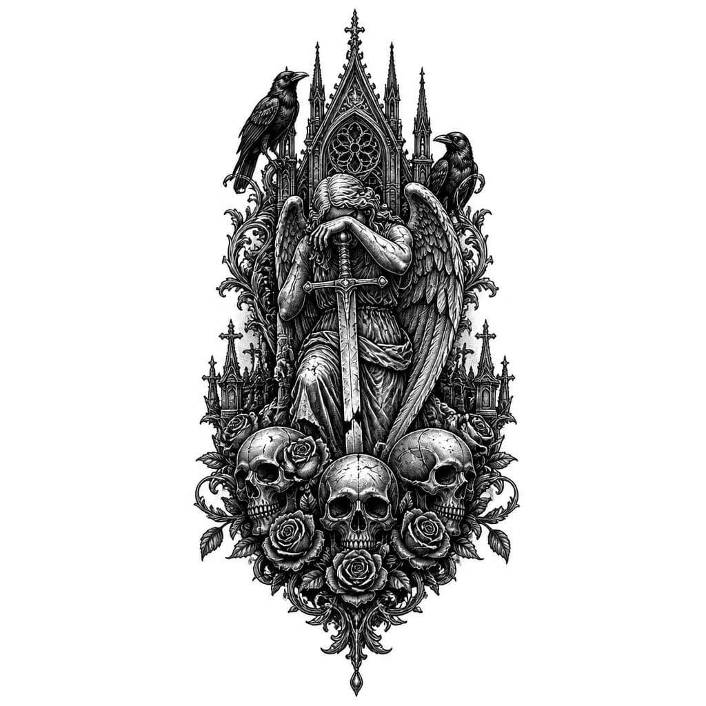 Тату эскиз: Forearm tattoo design, gothic cemetery aesthetic, weeping angel statue holding a broken sword. Cracked marble texture, detailed baroque ornament, melancholic pose. Highly detailed dotwork shading, stippling technique, fine lines, black ink only, high contrast, clean white background, flash art aesthetic --no skin texture, human body, color, realism, cartoon, smooth gradients
