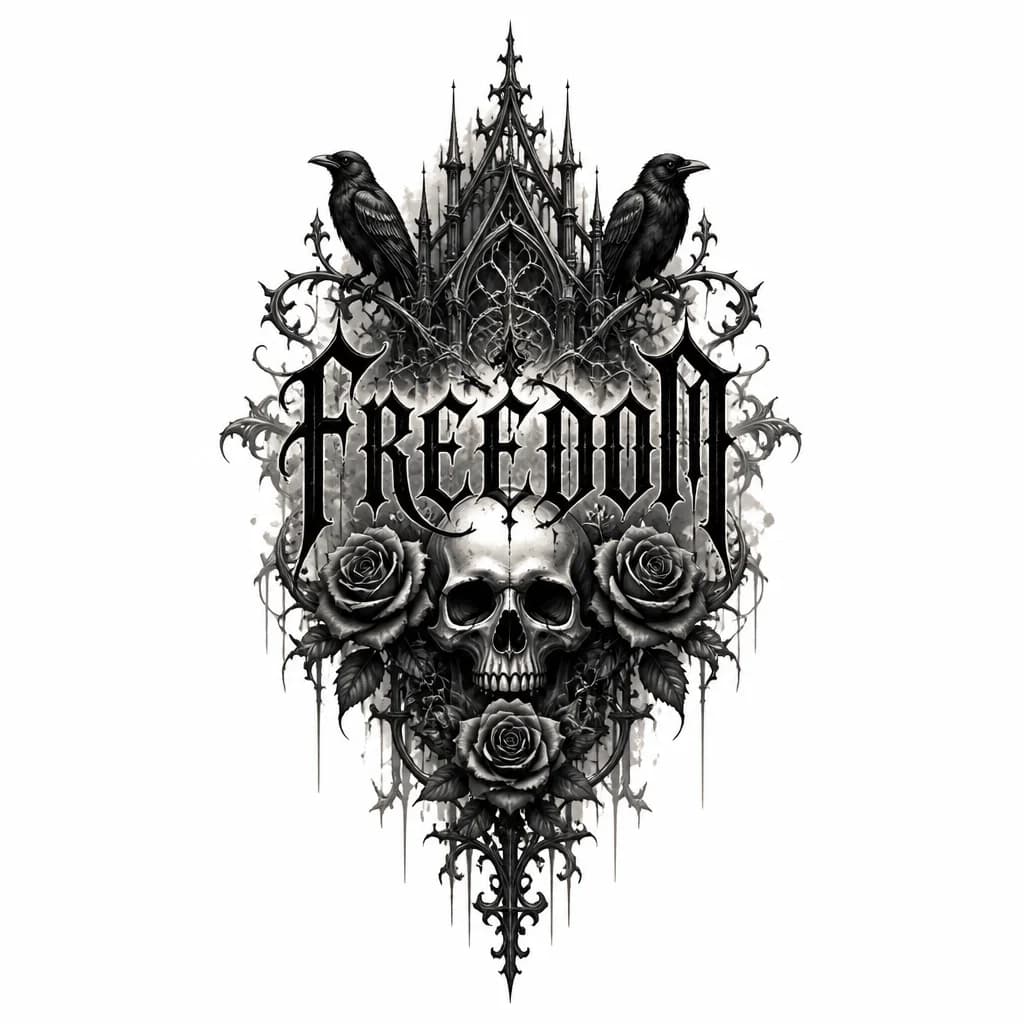 Тату эскиз: Надпись FREEDOM в стиле готики и рисунки вокруг это надписи 