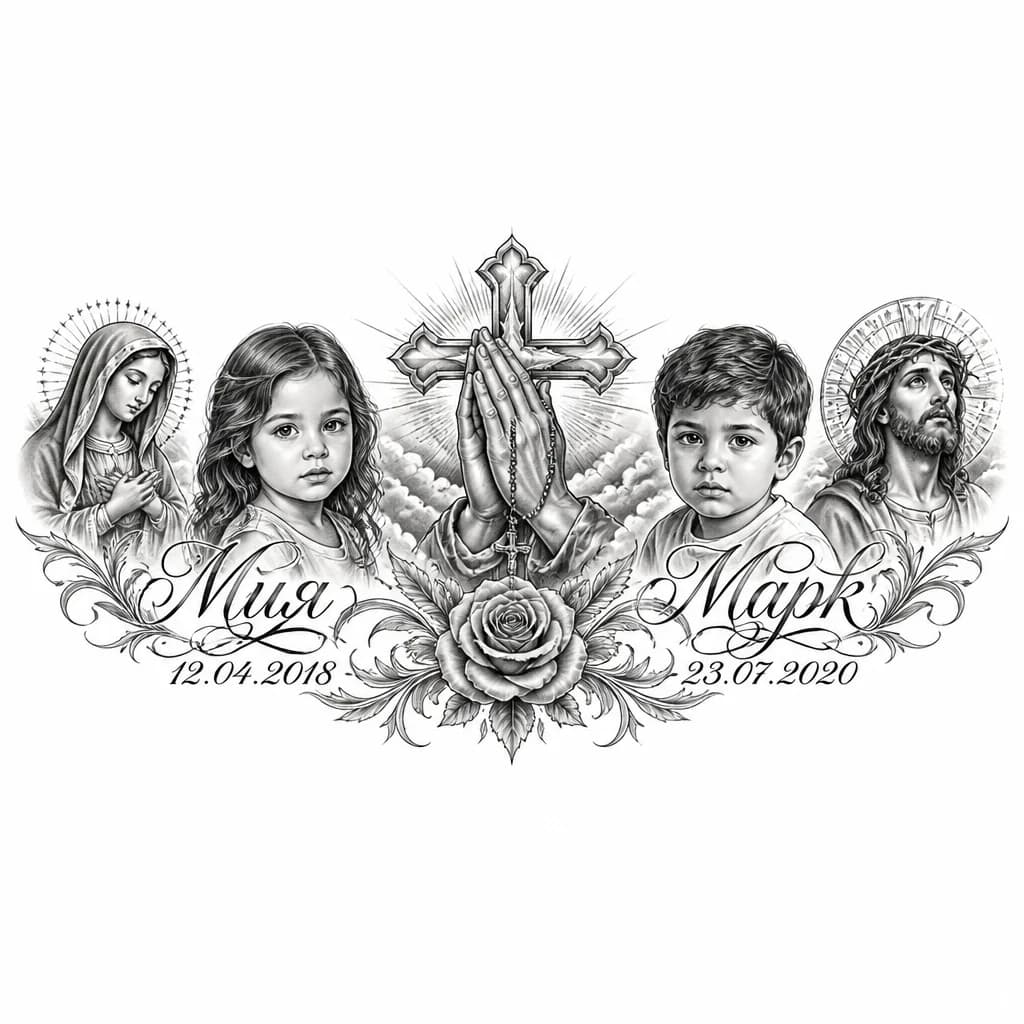 Тату эскиз: Имена мох детей на груди мия и Марк  с датоми рождения 