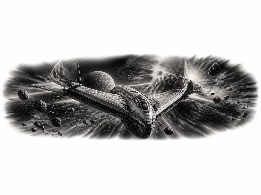 Тату эскиз: Космический корабль Милано из фильма "Стражи Галактики" летящий в космосе в виде татуировки
