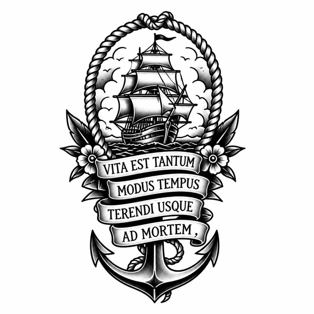 Тату эскиз: Vita est tantum modus tempus terendi usque ad mortem , с деталями и красивым шрифтом 