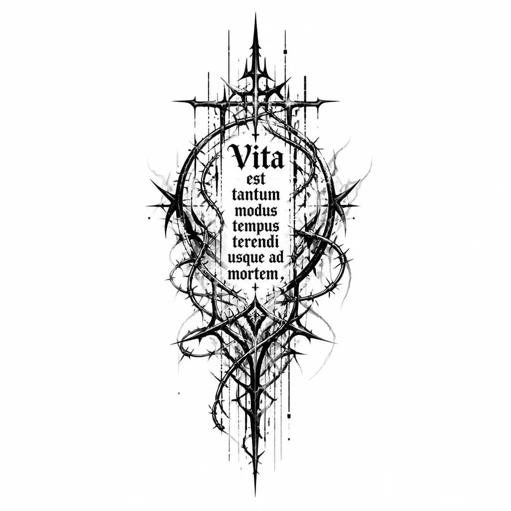 Тату эскиз: Vita est tantum modus tempus terendi usque ad mortem , с деталями и красивым шрифтом 