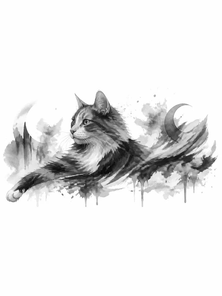 Тату эскиз: кошка тослатая немного трехцветная, мб еще какие-то абстрактные идеи вместе с ней, для мужчины