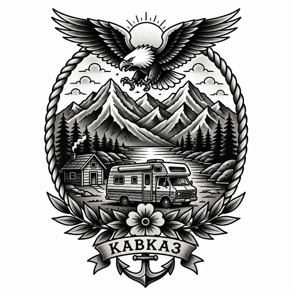 Тату эскиз: Хочу брутальную татуировку связанную с орлами горами домом на колесах озером  и подчеркивается Кавказ 
