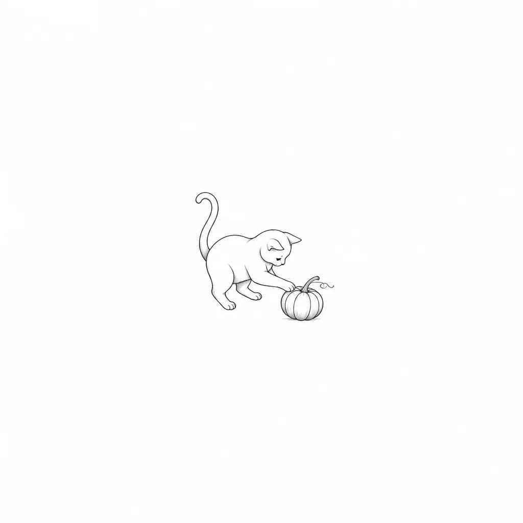 Тату эскиз: A small tattoo of a cat playing with a small pumpkin