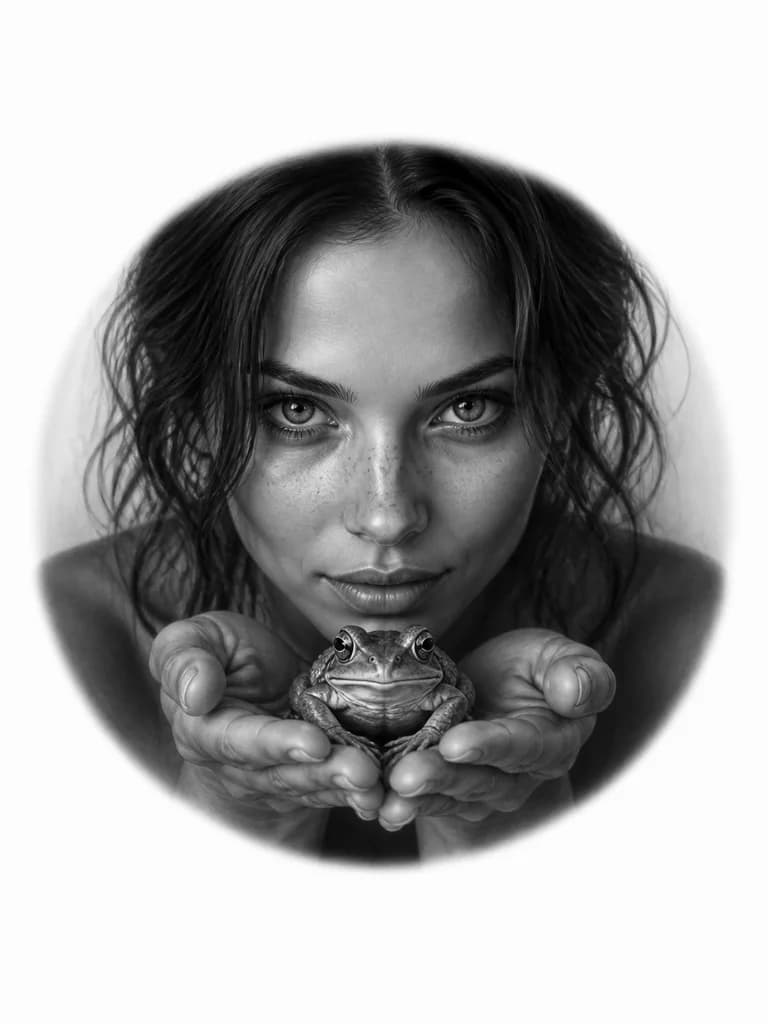 Тату эскиз: красивая женщина, смотрит в душу. на ладонях держит лягушку в районе груди 